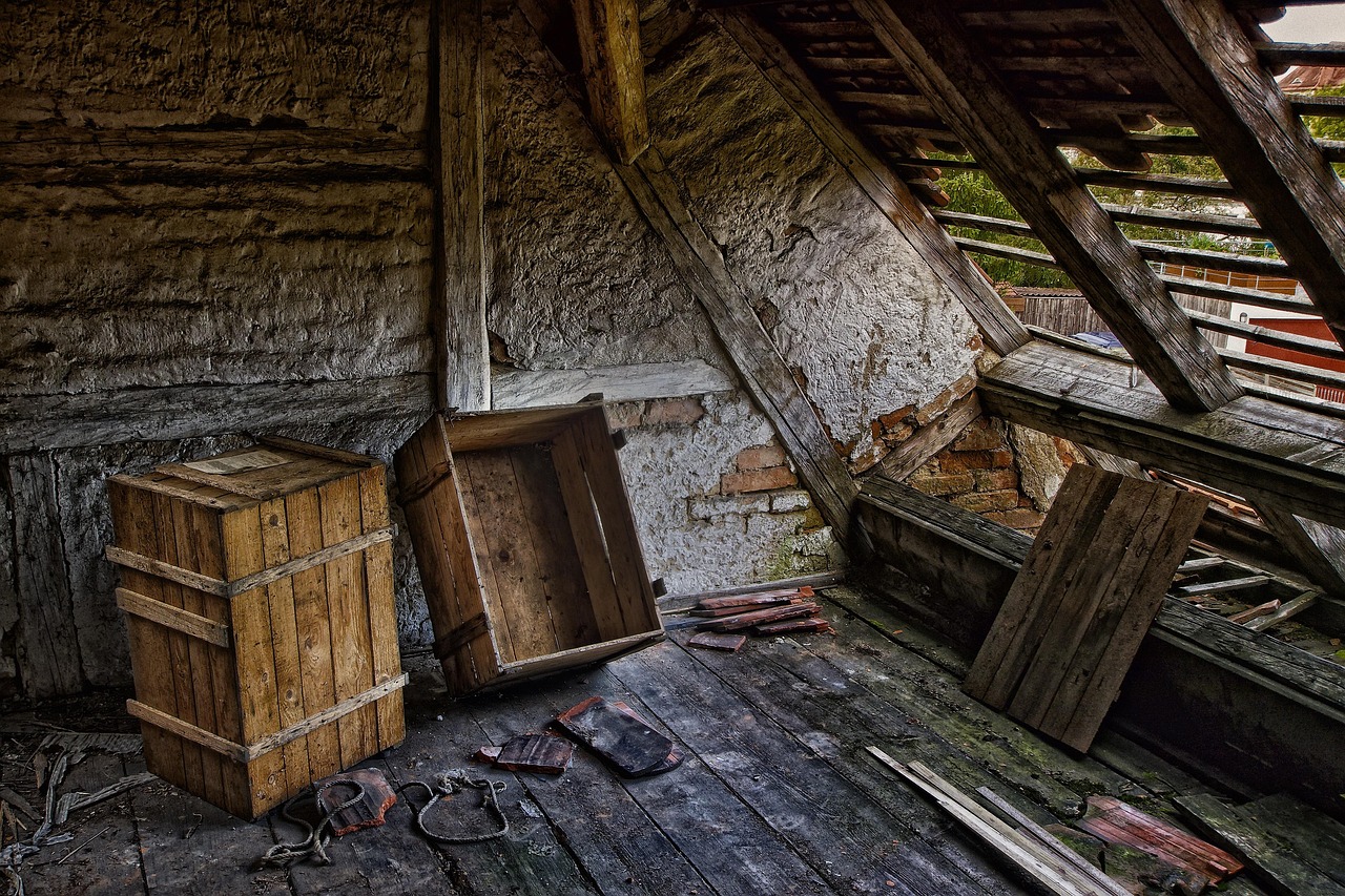 Exposed roof structure showing old decking and timber trusses awaiting replacement